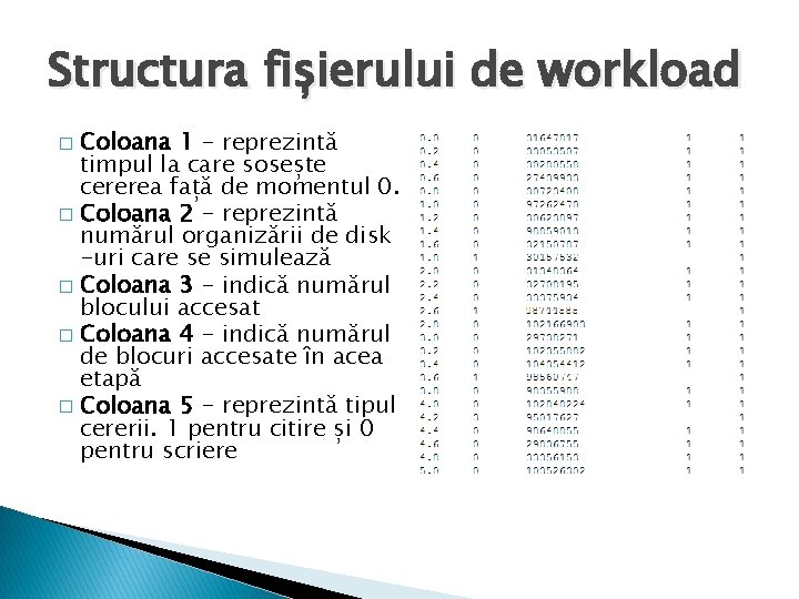 Structura fișierului de workload Coloana 1 - reprezintă timpul la care sosește cererea față