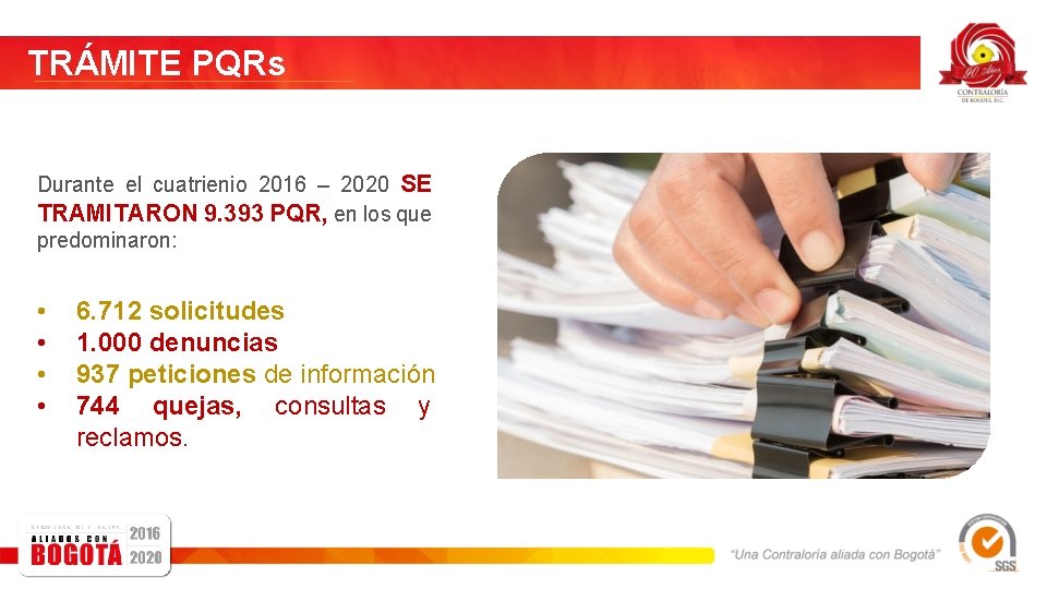 TRÁMITE PQRs Durante el cuatrienio 2016 – 2020 SE TRAMITARON 9. 393 PQR, en