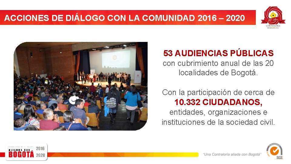 ACCIONES DE DIÁLOGO CON LA COMUNIDAD 2016 – 2020 53 AUDIENCIAS PÚBLICAS con cubrimiento