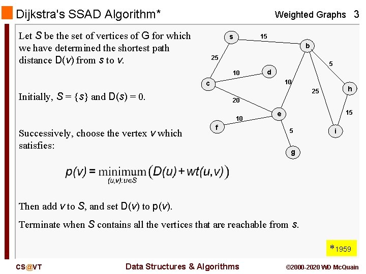 Dijkstra's SSAD Algorithm* Weighted Graphs 3 Let S be the set of vertices of