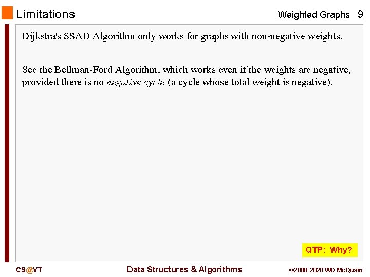 Limitations Weighted Graphs 9 Dijkstra's SSAD Algorithm only works for graphs with non-negative weights.