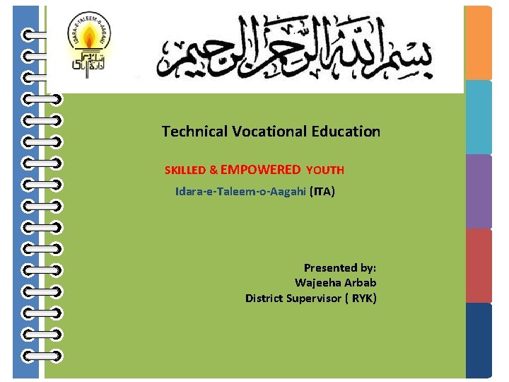 Technical Vocational Education SKILLED & EMPOWERED YOUTH Idara-e-Taleem-o-Aagahi (ITA) Presented by: Wajeeha Arbab District