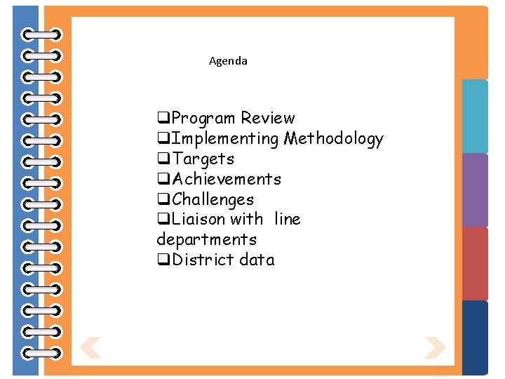 Agenda q. Program Review q. Implementing Methodology q. Targets q. Achievements q. Challenges q.