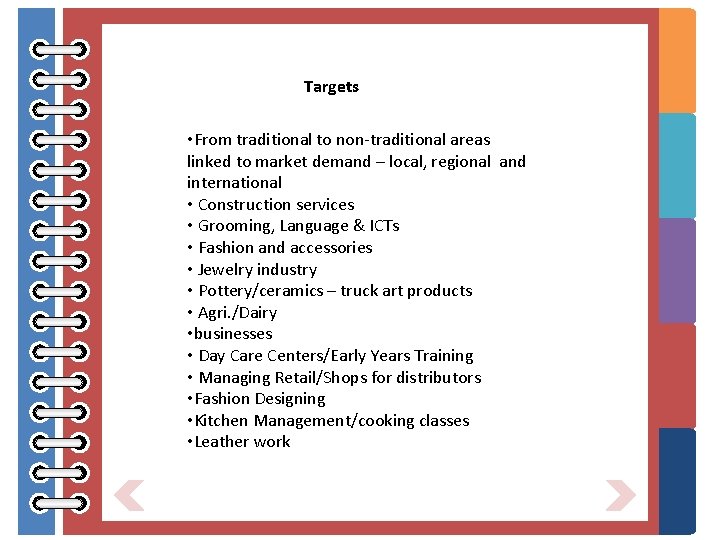 Targets • From traditional to non-traditional areas linked to market demand – local, regional