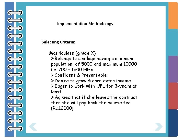 Implementation Methodology Selecting Criteria: Matriculate (grade X) ØBelongs to a village having a minimum
