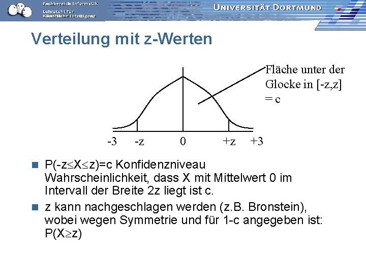 Verteilung mit z-Werten Fläche unter der Glocke in [-z, z] =c -3 -z 0