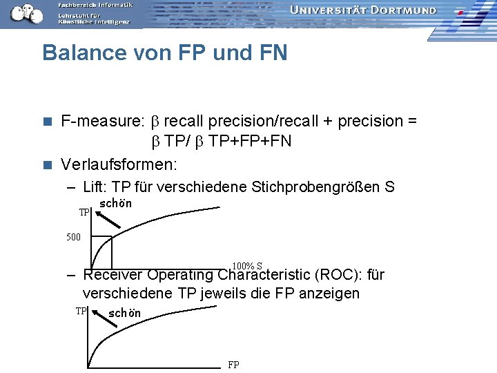 Balance von FP und FN F-measure: recall precision/recall + precision = TP/ TP+FP+FN n