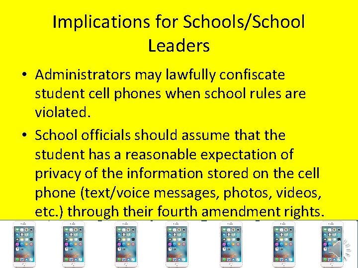 Implications for Schools/School Leaders • Administrators may lawfully confiscate student cell phones when school