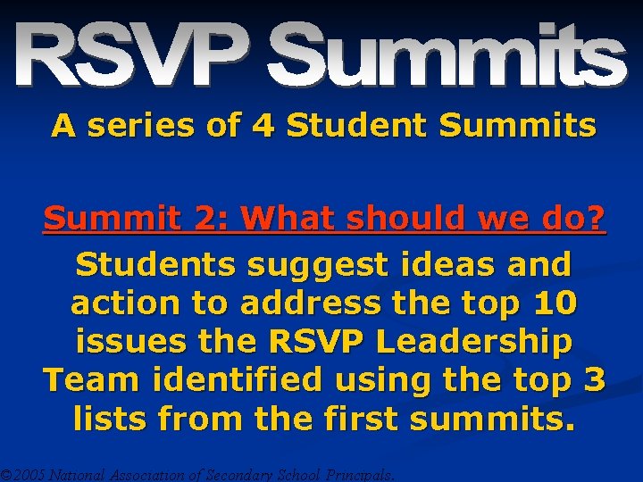 A series of 4 Student Summits Summit 2: What should we do? Students suggest