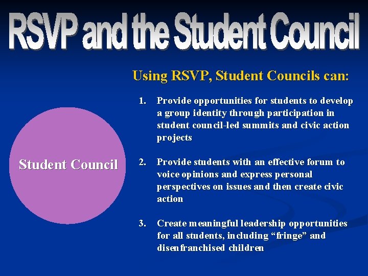 Using RSVP, Student Councils can: 1. Provide opportunities for students to develop a group