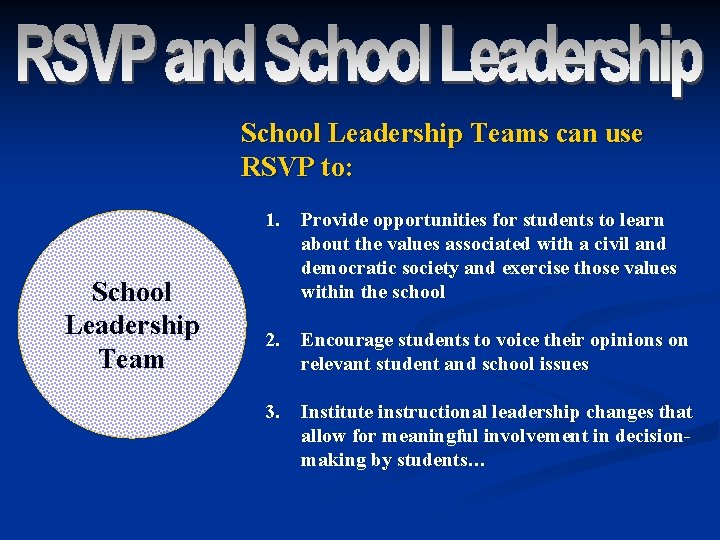 School Leadership Teams can use RSVP to: School Leadership Team 1. Provide opportunities for