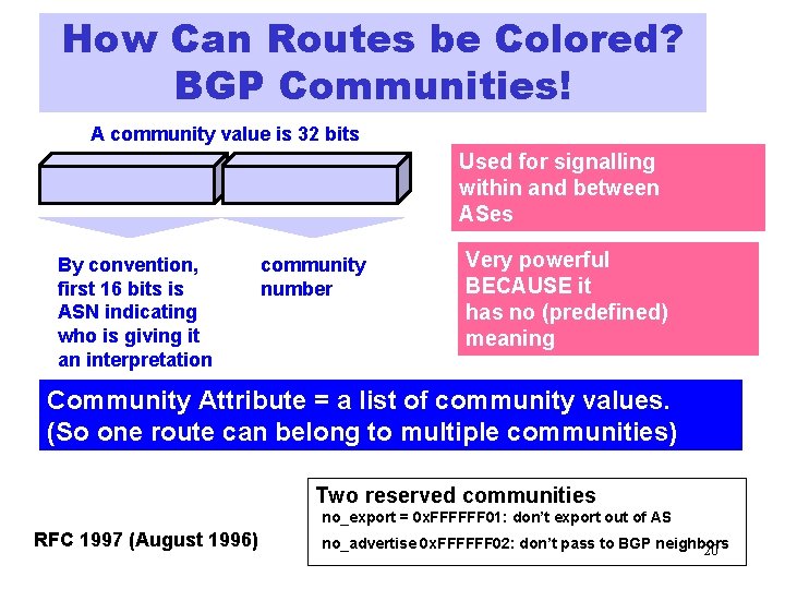 How Can Routes be Colored? BGP Communities! A community value is 32 bits Used