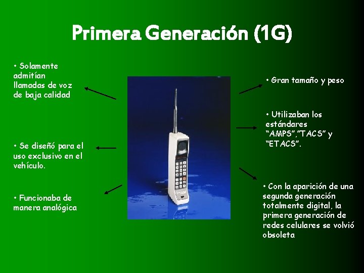 Primera Generación (1 G) • Solamente admitían llamadas de voz de baja calidad •