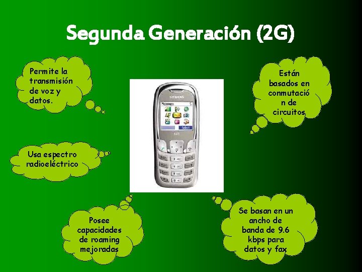 Segunda Generación (2 G) Permite la transmisión de voz y datos. Están basados en