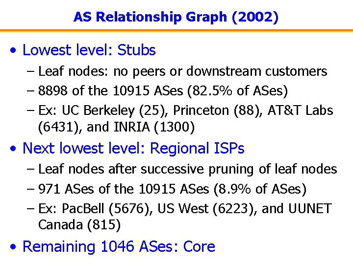 AS Relationship Graph (2002) • Lowest level: Stubs – Leaf nodes: no peers or