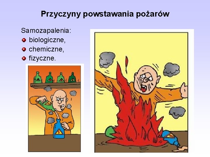 Przyczyny powstawania pożarów Samozapalenia: biologiczne, chemiczne, fizyczne. 