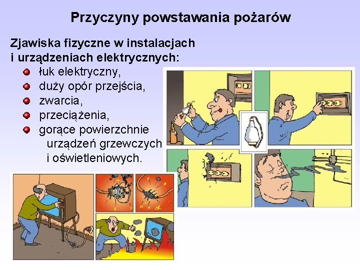 Przyczyny powstawania pożarów Zjawiska fizyczne w instalacjach i urządzeniach elektrycznych: łuk elektryczny, duży opór