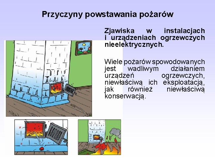 Przyczyny powstawania pożarów Zjawiska w instalacjach i urządzeniach ogrzewczych nieelektrycznych. Wiele pożarów spowodowanych jest