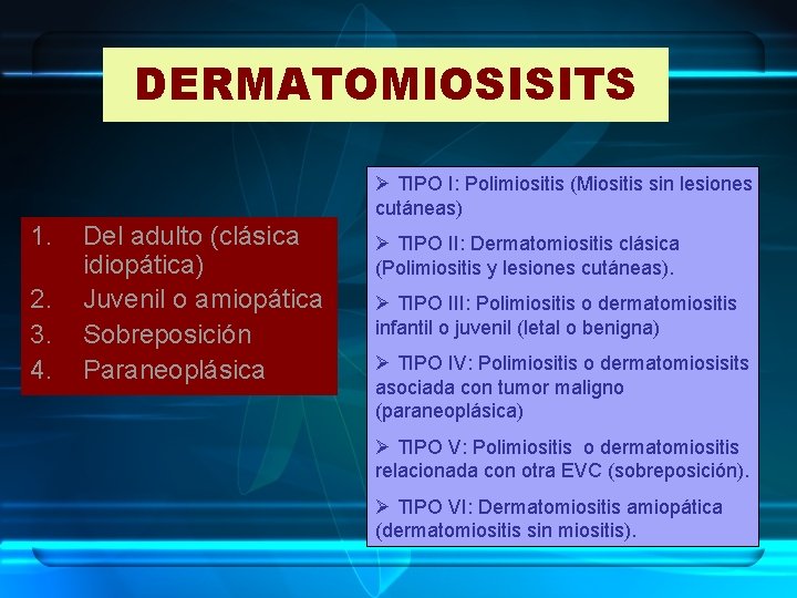 DERMATOMIOSISITS Ø TIPO I: Polimiositis (Miositis sin lesiones cutáneas) 1. 2. 3. 4. Del