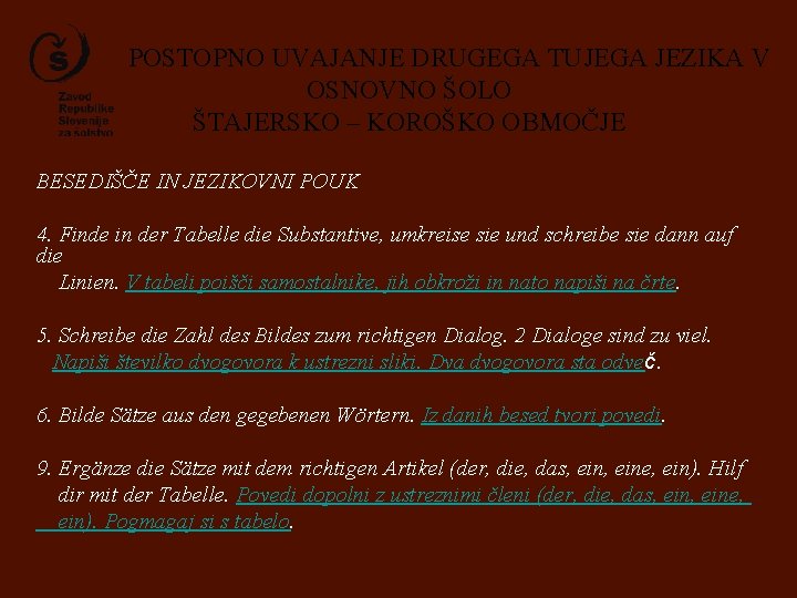 POSTOPNO UVAJANJE DRUGEGA TUJEGA JEZIKA V OSNOVNO ŠOLO ŠTAJERSKO – KOROŠKO OBMOČJE BESEDIŠČE IN