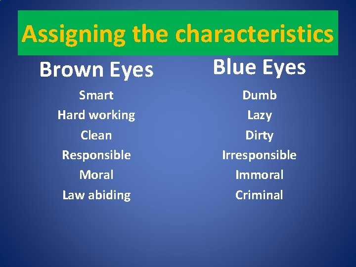 Assigning the characteristics Brown Eyes Blue Eyes Smart Hard working Clean Responsible Moral Law