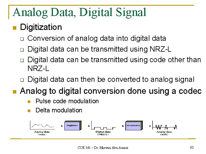 Analog Data, Digital Signal n Digitization q q n Conversion of analog data into