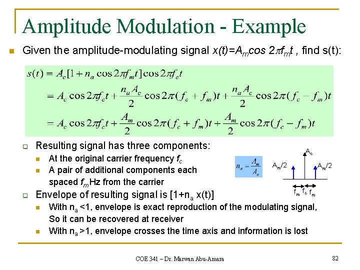 Amplitude Modulation - Example n Given the amplitude-modulating signal x(t)=Amcos 2 pfmt , find