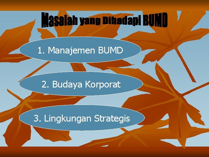 1. Manajemen BUMD 2. Budaya Korporat 3. Lingkungan Strategis 