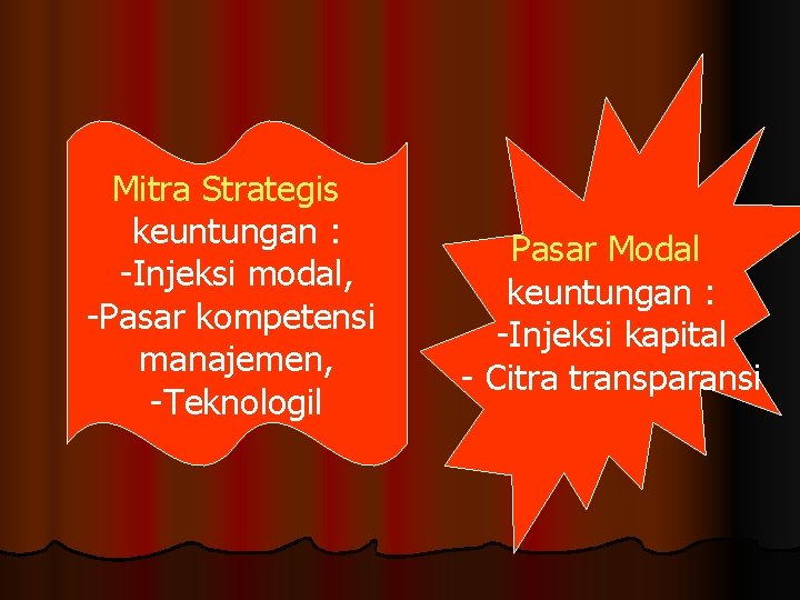 Mitra Strategis keuntungan : -Injeksi modal, -Pasar kompetensi manajemen, -Teknologil Pasar Modal keuntungan :