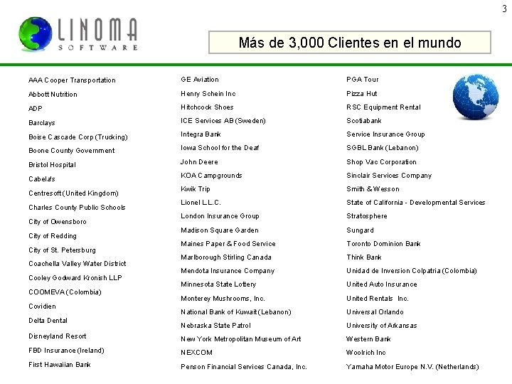 3 Más de 3, 000 Clientes en el mundo AAA Cooper Transportation GE Aviation 3 Más de 3, 000 Clientes en el mundo AAA Cooper Transportation GE Aviation