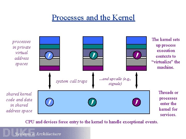 Processes and the Kernel processes in private virtual address spaces data The kernel sets