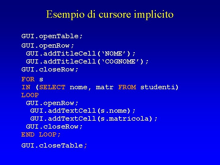 Esempio di cursore implicito GUI. open. Table; GUI. open. Row; GUI. add. Title. Cell(‘NOME’);