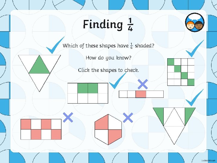 Finding ¼ Which of these shapes have ¼ shaded? How do you know? ×