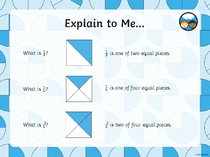 Explain to Me… What is ½? ½ is one of two equal pieces. What