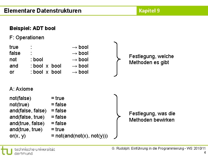 Elementare Datenstrukturen Kapitel 9 Beispiel: ADT bool F: Operationen true false not and or Elementare Datenstrukturen Kapitel 9 Beispiel: ADT bool F: Operationen true false not and or