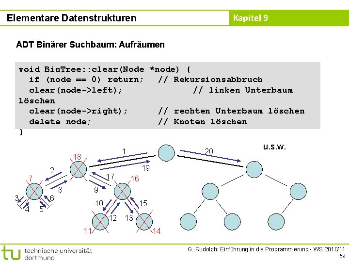 Kapitel 9 Elementare Datenstrukturen ADT Binärer Suchbaum: Aufräumen void Bin. Tree: : clear(Node *node)