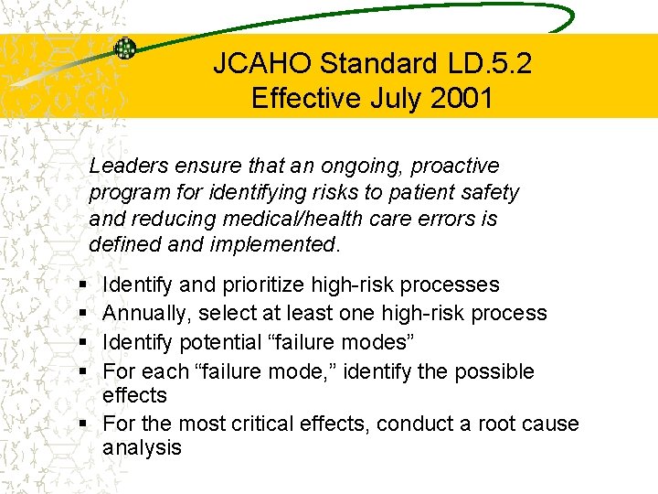 JCAHO Standard LD. 5. 2 Effective July 2001 Leaders ensure that an ongoing, proactive