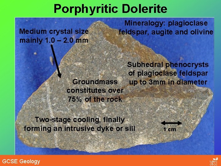 Porphyritic Dolerite Medium crystal size mainly 1. 0 – 2. 0 mm Mineralogy: plagioclase