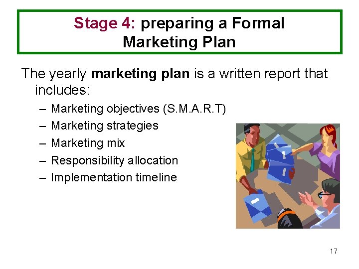 Stage 4: preparing a Formal Marketing Plan The yearly marketing plan is a written