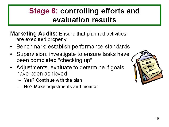 Stage 6: controlling efforts and evaluation results Marketing Audits: Ensure that planned activities are