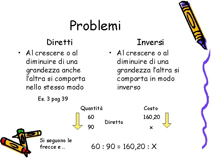 Problemi Diretti Inversi • Al crescere o al diminuire di una grandezza anche l’altra