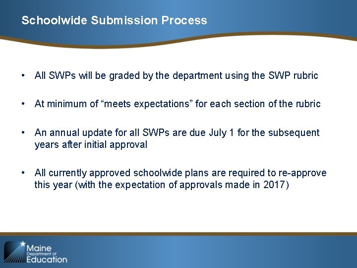 Schoolwide Submission Process • All SWPs will be graded by the department using the