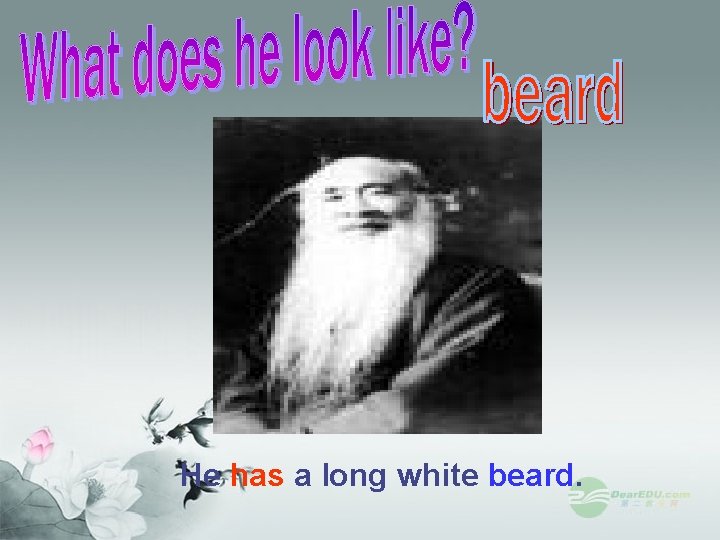 He has a long white beard. 