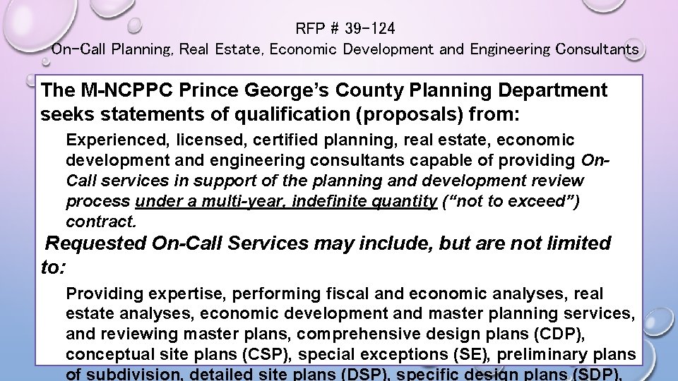 RFP # 39 -124 On-Call Planning, Real Estate, Economic Development and Engineering Consultants The