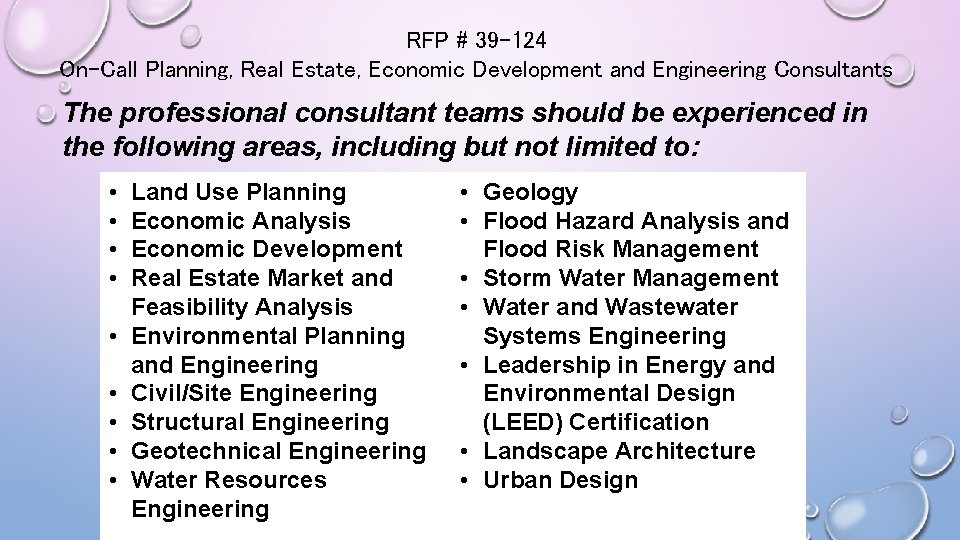 RFP # 39 -124 On-Call Planning, Real Estate, Economic Development and Engineering Consultants The