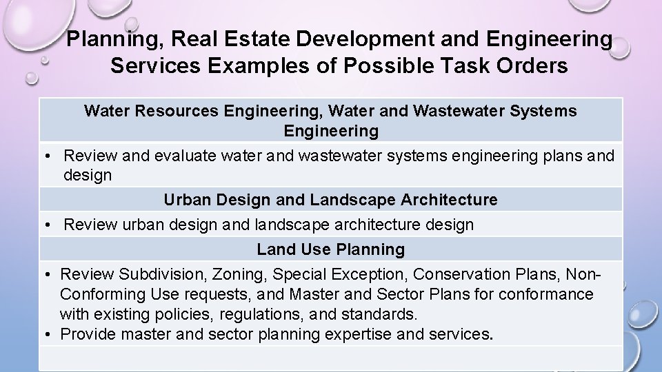 Planning, Real Estate Development and Engineering Services Examples of Possible Task Orders Water Resources