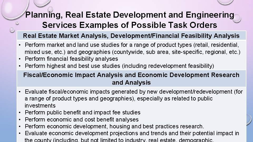 Planning, Real Estate Development and Engineering Services Examples of Possible Task Orders Real Estate