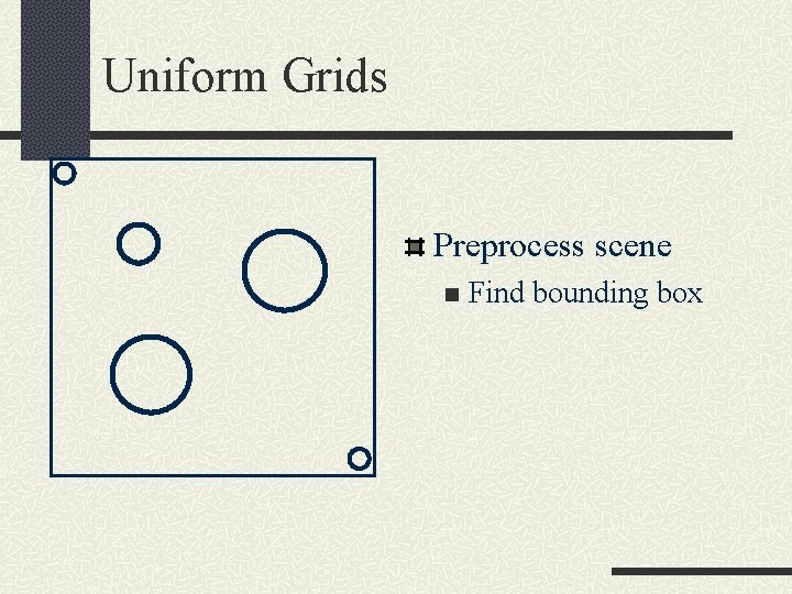 Uniform Grids Preprocess scene n Find bounding box 
