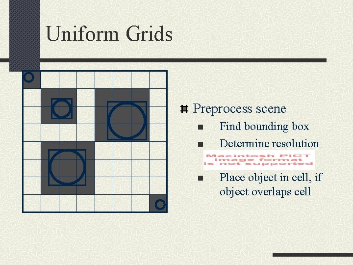 Uniform Grids Preprocess scene n n n Find bounding box Determine resolution Place object