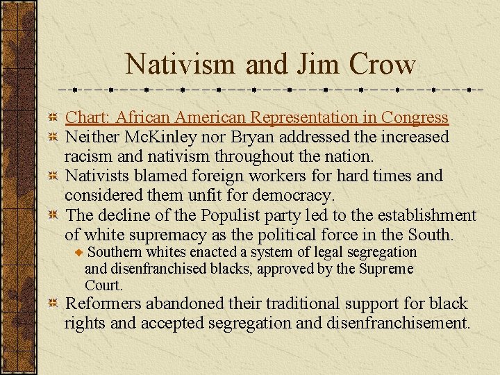 Nativism and Jim Crow Chart: African American Representation in Congress Neither Mc. Kinley nor